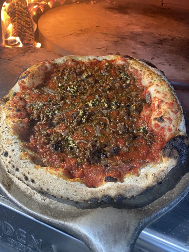 Pizza Oignons Anchois du menu de la Pizzeria Papagayo à La Ciotat, préparée avec oignons, anchois et ail, cuite au feu de bois, sans fromage.